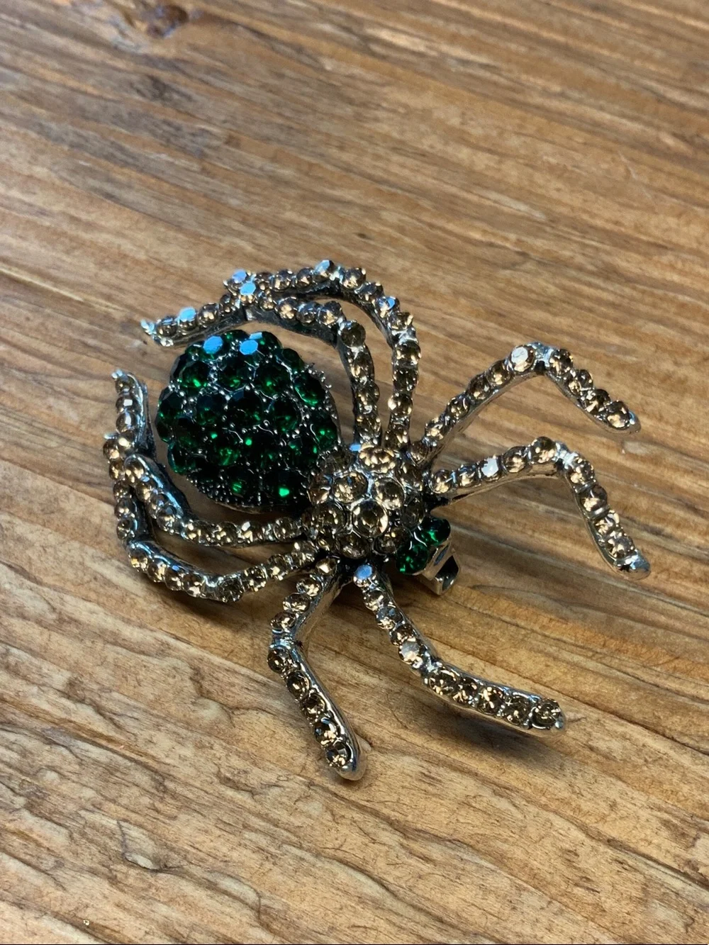 Emerald-Green Crystal-Encrusted Body and Silver Tone Spider Brooch